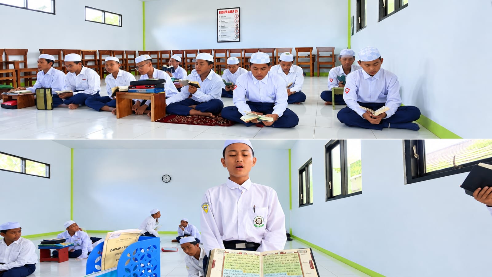 Murid MTs Insan Qur'ani Ranulogong antusias melakukan setoran hafalan Al-Qur'an pagi kepada wali kelas masing-masing